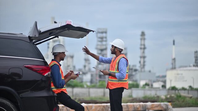 Engineers wearing safety gear, including hard hats examining survey tablet standing industrial facility gas or oil refinery engaged in a job requires high safety standards concept.	