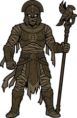 Obraz premium Ancient Egyptian mummy warrior holding a staff with a falcon topper.