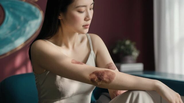 Woman looking at severe psoriasis plaques on her arms. Chronic skin condition and eczema concept. Dermatology and healthcare