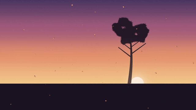 Lonely tree silhouette at sunset with falling leaves. 2d animation