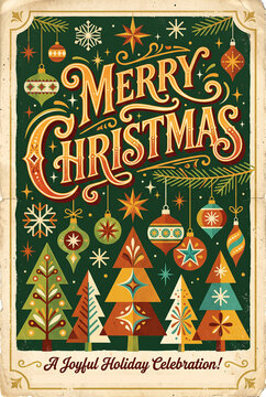 Retro christmas flyer poster design with green background and mid century modern illustrations of stylized trees and ornaments featuring merry christmas vintage typography in elegant cursive