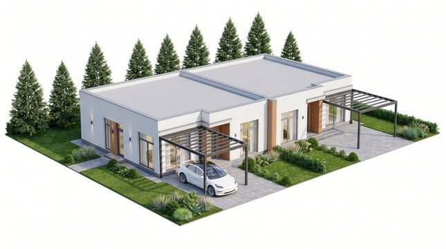 Modern duplex house with carports and pine trees