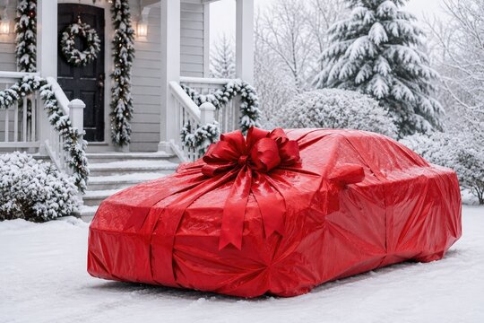 A car wrapped in red gift wrapping and tied with a wide ribbon sits near the snow covered Christmas holiday porch, surrounded by wreaths and garlands. It's a Christmas and New Year's present.