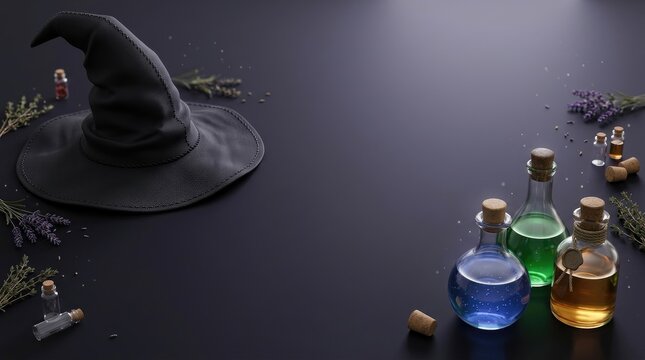 Festive halloween 3d witch hat and potion background featuring colorful magic bottles and dark spooky elements for seasonal holiday designs