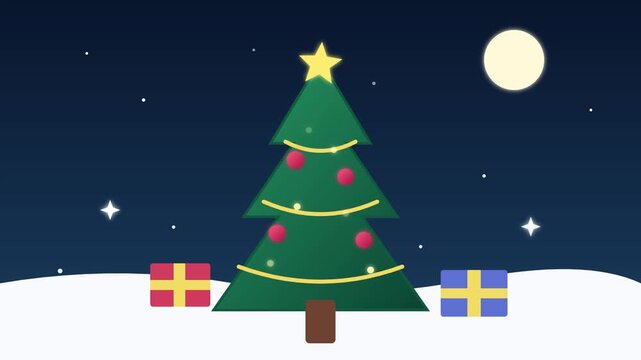 Decorated Christmas tree standing in snowy night landscape with colourful gift boxes under glowing moon light animated motion video clip