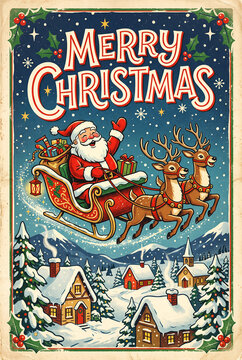 Retro christmas poster template with santa claus riding a sleigh with reindeers over a snowy village under a starry night sky illustrations