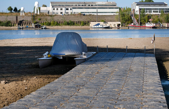 Heat wave and drought - the dried out river Rhine in Duesseldorf, Germany