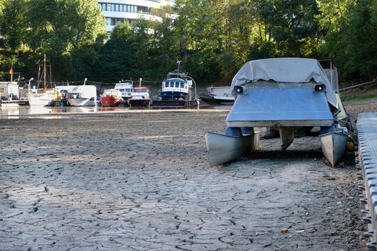 Heat wave and drought - the dried out river Rhine in Duesseldorf, Germany