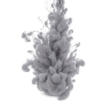 White and light grey ink dissolving in water, abstract fluid smoke cloud isolated on a transparent background.
