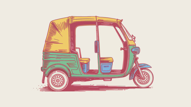 Retro auto rickshaw vector illustration, vintage indian tuk tuk taxi icon, colorful asian three wheeler transport graphic