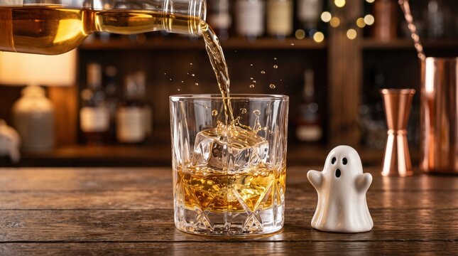 A glass of whiskey with ice is being poured on a wooden bar counter, next to a small ceramic ghost decoration with a warm, cozy background of bottles and lights.