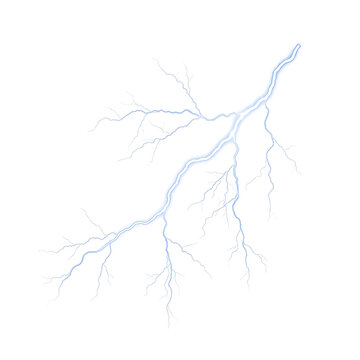 Realistic branched electrical discharge, a powerful natural lightning strike effect isolated on transparent background.