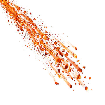 Fiery meteor shower effect with glowing orange and yellow debris trails isolated on a transparent background.