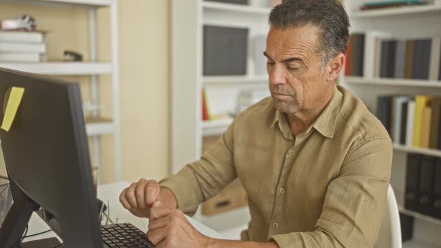 Middle age man pinches nose at desk with computer and keyboard, furrowed brow, seated in building; quiet concern.