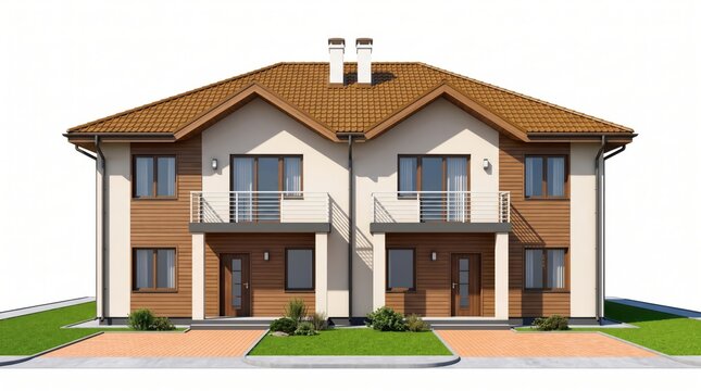 Modern duplex house with brown roof and two entrances