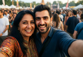 Naklejka premium Intergenerational connection and friendship, happy mother and son taking a selfie at a summer music festival with a crowd in the background