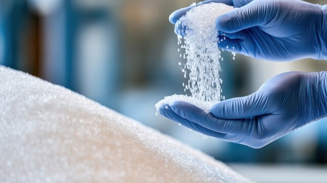 A gloved hand pours white granular salt over a large pile, highlighting precision and cleanliness in a controlled setting.