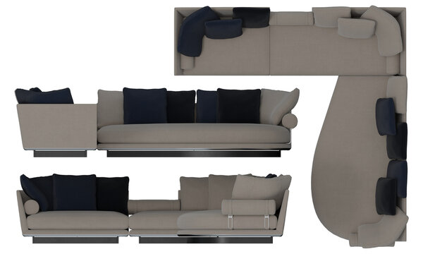 Sofa 2d for floor plan and cross-section view, Orthogonal, top, front and side view furniture transparent background render