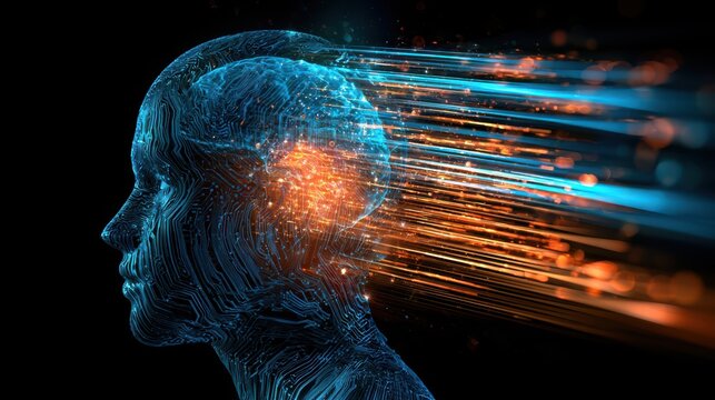 A digital human head composed of blue circuitry with streaks of orange and blue light extending from the back, symbolizing data flow and technology.