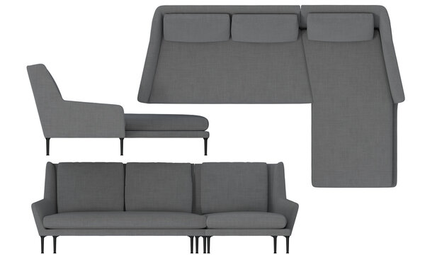 Sofa 2d for floor plan and cross-section view, Orthogonal, top, front and side view furniture transparent background render