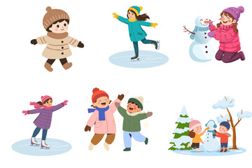 Fototapeta premium Happy kids playing in winter snow vector illustration.