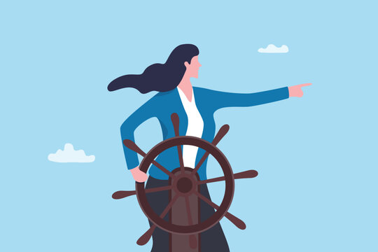 Female leadership confident businesswoman leading company, lady ceo boss diversity, mentor or woman empowerment, power or influence concept, businesswoman control helm pointing to dominate direction.