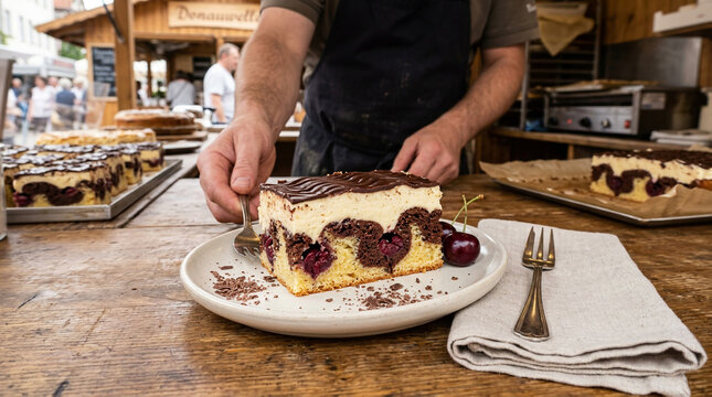 Artisan Baker Serving a Slice of Freshly Baked Cherry Cream Marble Cake at an Outdoor Market Stall