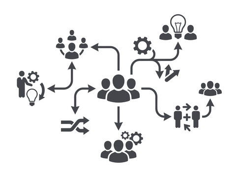 Establish a strong competitive advantage map vector network with this solid silhouette illustration showing business teams sharing ideas, gear processes, and workflow structures.