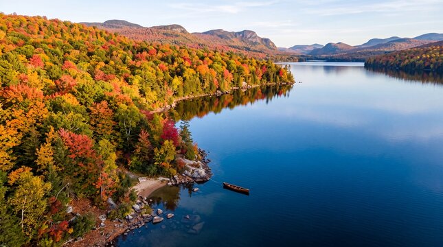 Serene autumn lake wilderness landscape with canoe