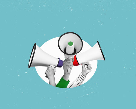 two hands holding a megaphone a isolated free color background. Concept discussion.