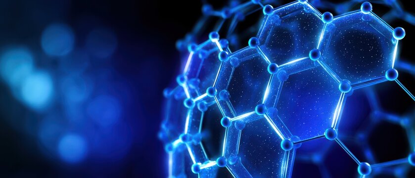 A detailed 3D rendering of a molecular structure resembling a carbon nanotube or fullerene with glowing blue connections.