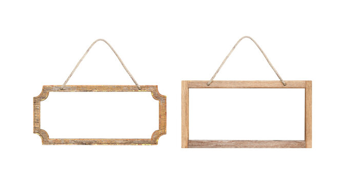 empty wooden sign frame with rope for hang on white background with clipping path