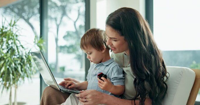 Online education, child and mom with laptop in home, laughing or teaching son with video on website. Elearning, family and happy woman with tech, knowledge and skill development for toddler in house