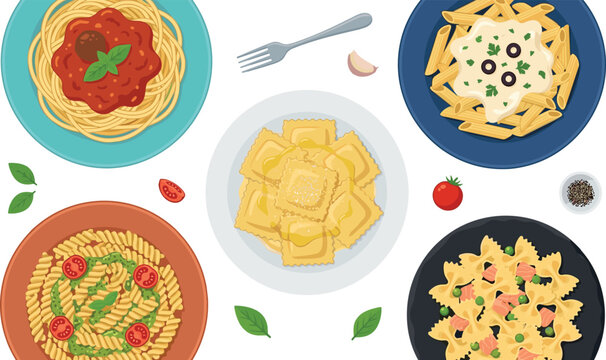 Italian Pasta Plates Vector Set with Spaghetti Marinara Penne Alfredo Ravioli Fusilli Pesto and Farfalle Bowtie Dish for Restaurant Menu Graphic Designs and Food Banners