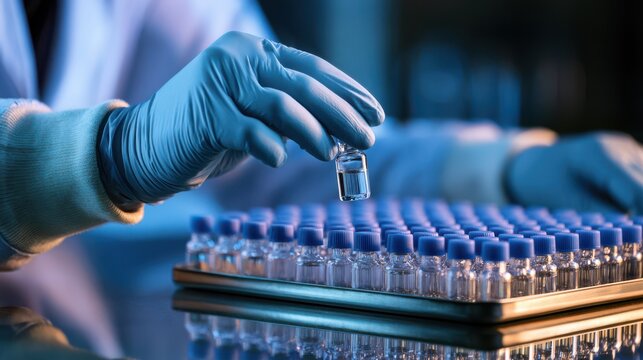 A gloved hand holds a small vial above a tray filled with numerous similar vials in a laboratory or pharmaceutical setting.