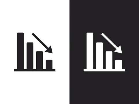 Declining bar chart downward arrow financial loss outline and black fill icon set with decrease