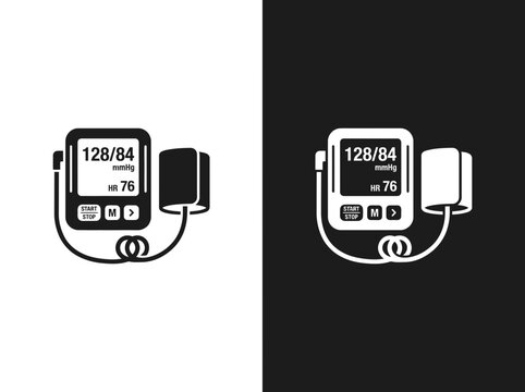 Digital blood pressure monitor outline and black fill icon set with pressure tensiometer tonometer