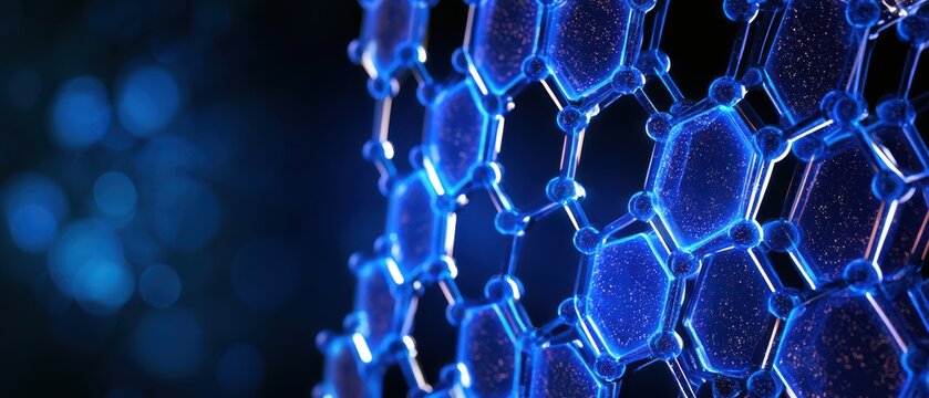 Close-up of a glowing, blue hexagonal molecular structure representing advanced nanotechnology or graphene lattice.
