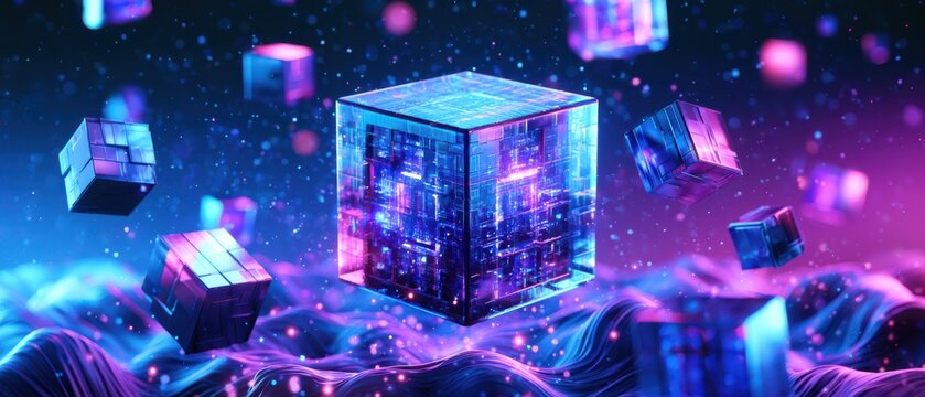 Futuristic glowing cubes float above a vibrant, wave-like digital surface, illuminated with neon blue and purple hues in a sci-fi inspired virtual environment.
