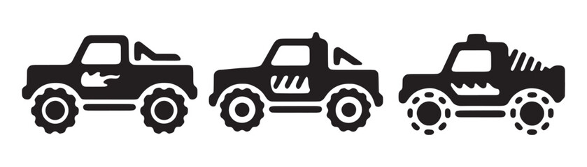 Monster truck racing car icons set with black silhouetted profile view for offroad competition art. © MdAshiqur