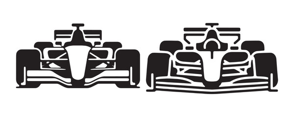 Fototapeta premium Formula one racing car front view vector set with black minimalist silhouettes for motorsport design.