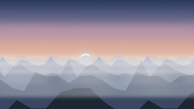 Misty mountain landscape at sunset. 2d animation