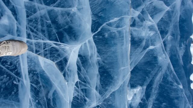 Trekking on transparent blue ice of a frozen Tibetan lake