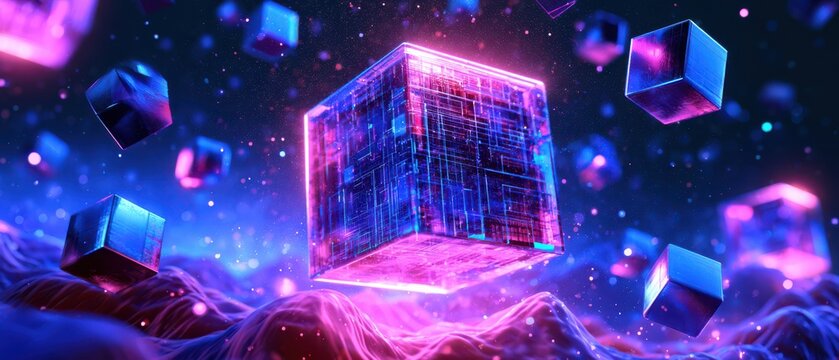 Glowing neon cubes float over a digital landscape, creating a futuristic, high-tech atmosphere with vibrant purple and blue hues.