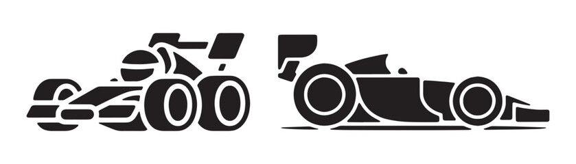 Fototapeta premium Side view formula one race car black silhouette icon set, speed sport symbol vector.