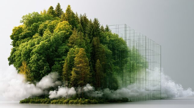 A dense forest transitions from natural trees on the left to a geometric, transparent grid structure on the right, symbolizing nature and technology integration.