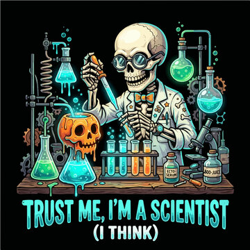 Funny Skeleton Scientist In Lab Coat Pipetting Glowing Chemical Trust Me I'm A Scientist Vector