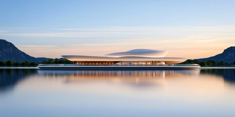 Fototapeta premium Contemporary floating restaurant on a calm lake, innovative hospitality architecture, mountain reflections, sunset