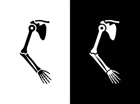Outline and black fill icon set illustrating human arm bones and skeletal anatomy with skeleton