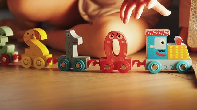 Close-up of children's hands playing with a colorful toy train made from numbered pieces.